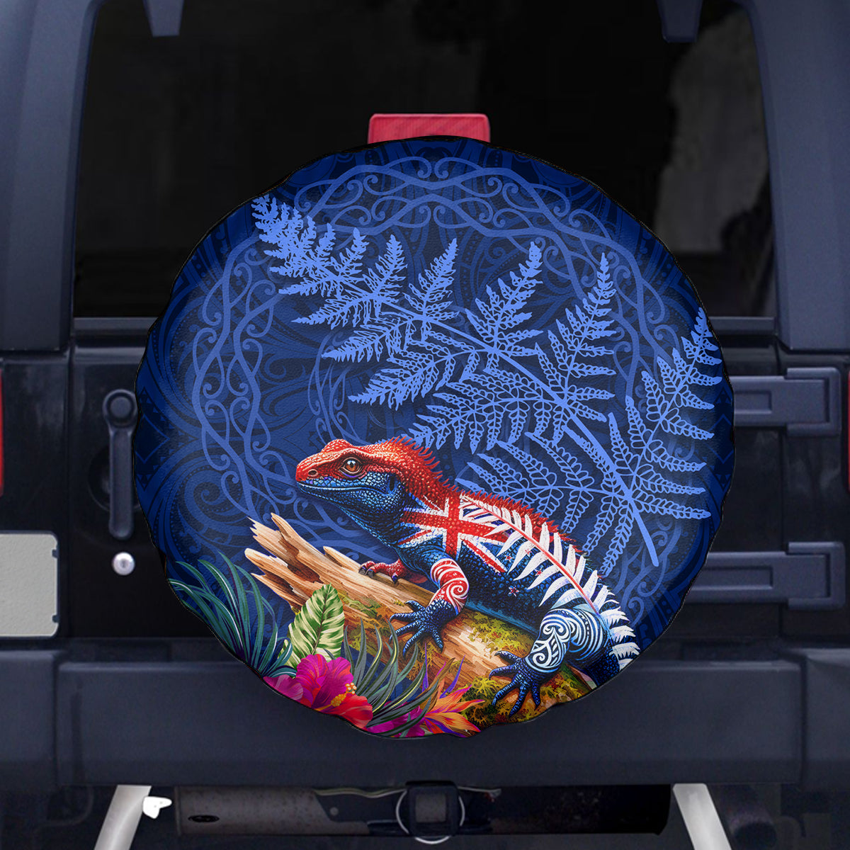 New Zealand Tuatara Spare Tire Cover Silver Fern Hibiscus and Tribal Maori Pattern Blue Color LT03 - Polynesian Pride