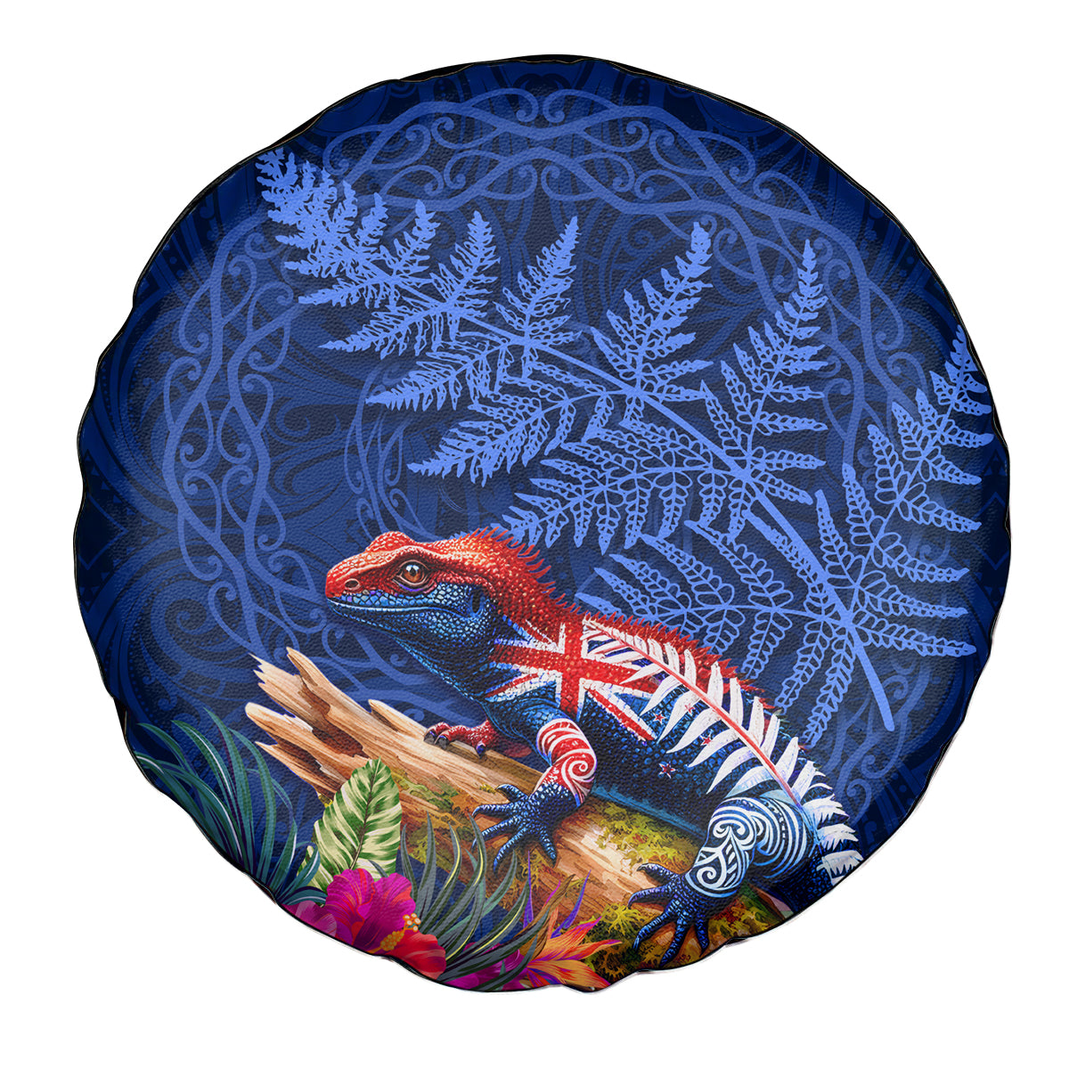 New Zealand Tuatara Spare Tire Cover Silver Fern Hibiscus and Tribal Maori Pattern Blue Color LT03 - Polynesian Pride