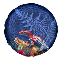 New Zealand Tuatara Spare Tire Cover Silver Fern Hibiscus and Tribal Maori Pattern Blue Color LT03 - Polynesian Pride