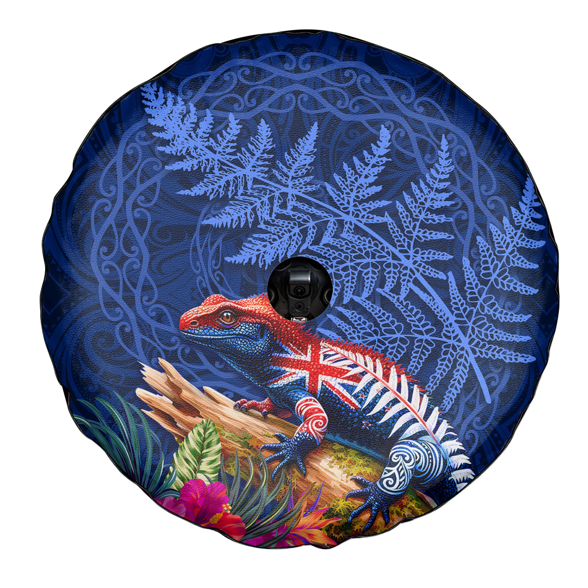 New Zealand Tuatara Spare Tire Cover Silver Fern Hibiscus and Tribal Maori Pattern Blue Color LT03 - Polynesian Pride