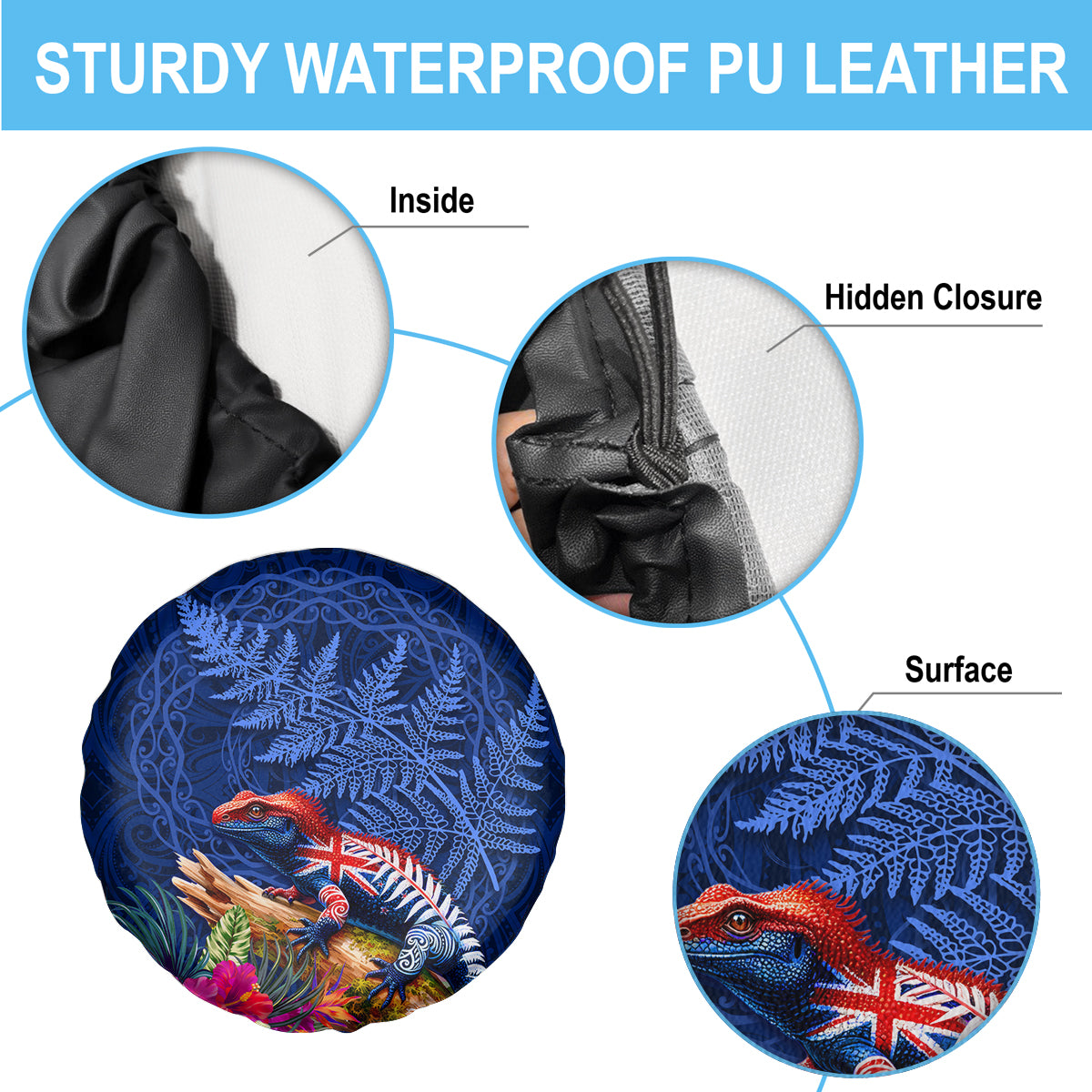 New Zealand Tuatara Spare Tire Cover Silver Fern Hibiscus and Tribal Maori Pattern Blue Color LT03 - Polynesian Pride