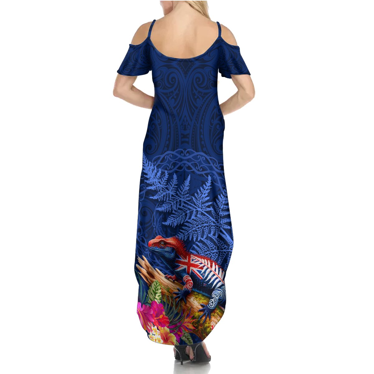 New Zealand Tuatara Summer Maxi Dress Silver Fern Hibiscus and Tribal Maori Pattern Blue Color LT03 - Polynesian Pride