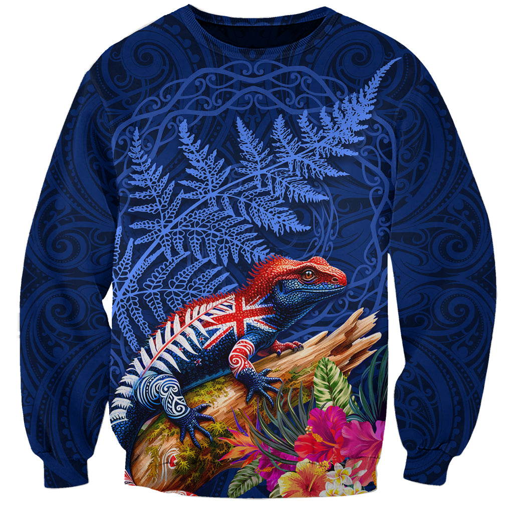 New Zealand Tuatara Sweatshirt Silver Fern Hibiscus and Tribal Maori Pattern Blue Color LT03 Unisex Blue - Polynesian Pride