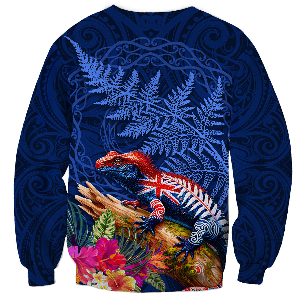 New Zealand Tuatara Sweatshirt Silver Fern Hibiscus and Tribal Maori Pattern Blue Color LT03 - Polynesian Pride