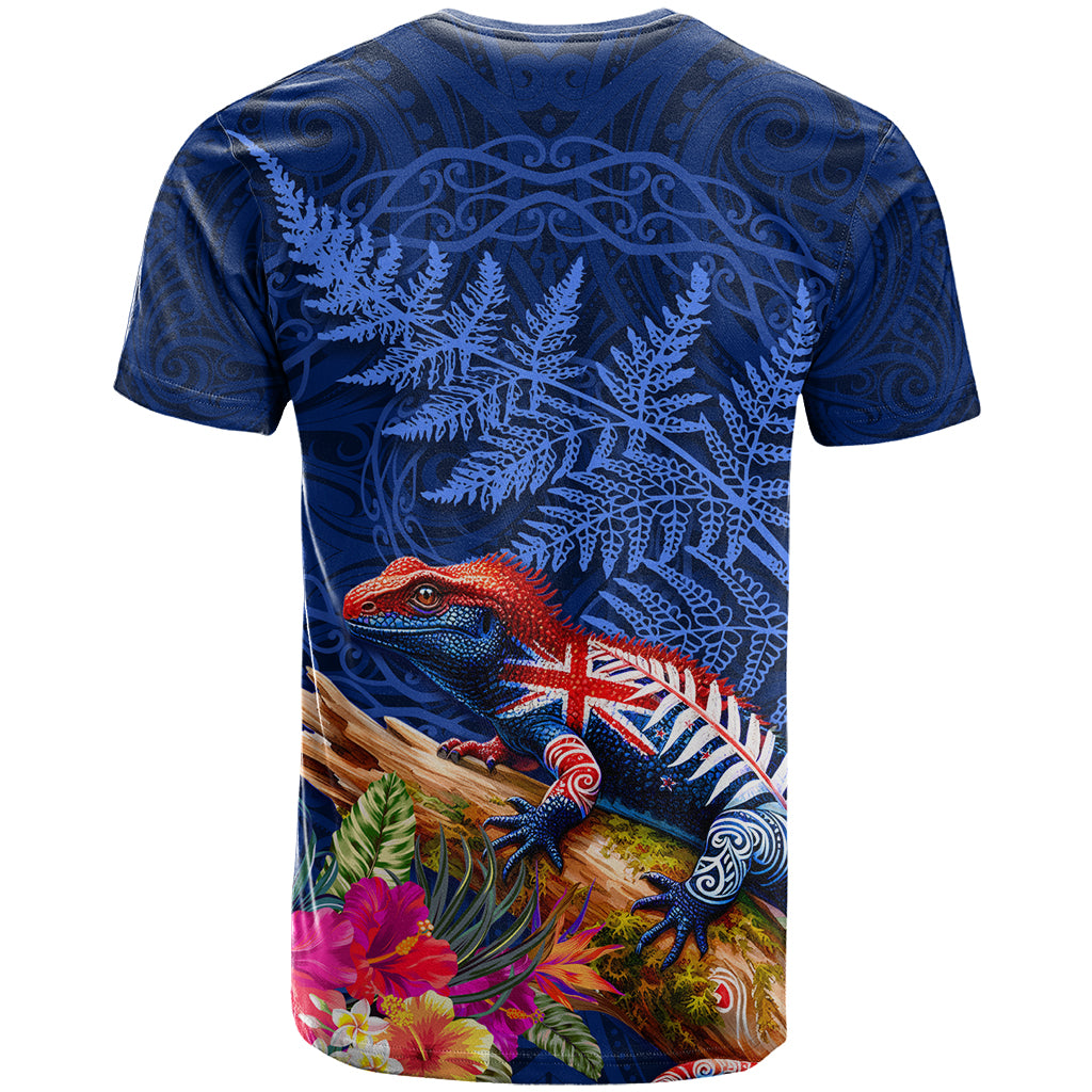 New Zealand Tuatara T Shirt Silver Fern Hibiscus and Tribal Maori Pattern Blue Color LT03 - Polynesian Pride
