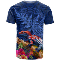 New Zealand Tuatara T Shirt Silver Fern Hibiscus and Tribal Maori Pattern Blue Color LT03 - Polynesian Pride