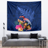 New Zealand Tuatara Tapestry Silver Fern Hibiscus and Tribal Maori Pattern Blue Color LT03 Blue - Polynesian Pride