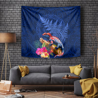 New Zealand Tuatara Tapestry Silver Fern Hibiscus and Tribal Maori Pattern Blue Color LT03 - Polynesian Pride