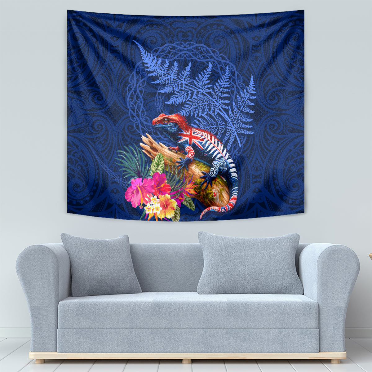 New Zealand Tuatara Tapestry Silver Fern Hibiscus and Tribal Maori Pattern Blue Color LT03 - Polynesian Pride