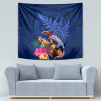 New Zealand Tuatara Tapestry Silver Fern Hibiscus and Tribal Maori Pattern Blue Color LT03 - Polynesian Pride