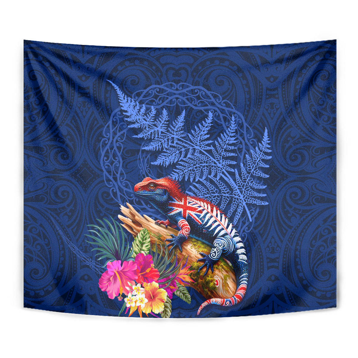 New Zealand Tuatara Tapestry Silver Fern Hibiscus and Tribal Maori Pattern Blue Color LT03 - Polynesian Pride