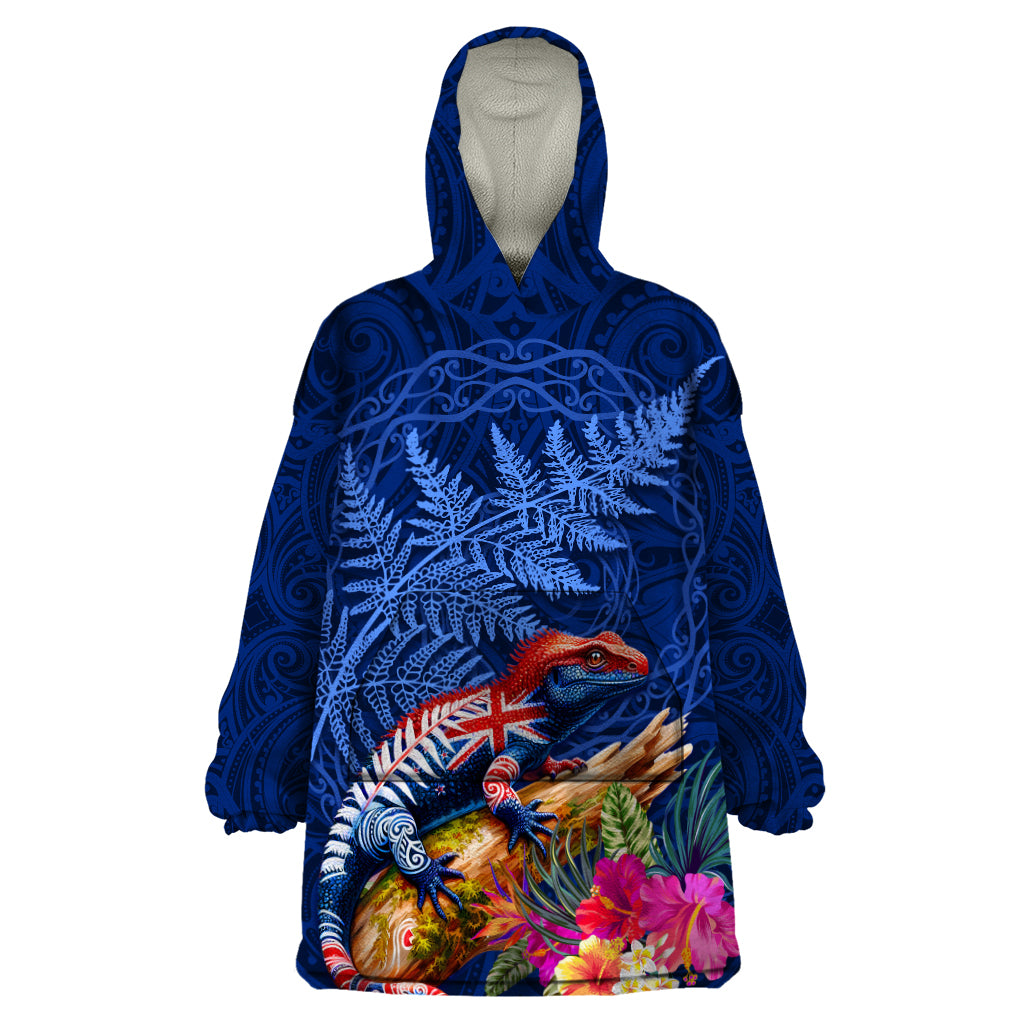 New Zealand Tuatara Wearable Blanket Hoodie Silver Fern Hibiscus and Tribal Maori Pattern Blue Color LT03 One Size Blue - Polynesian Pride