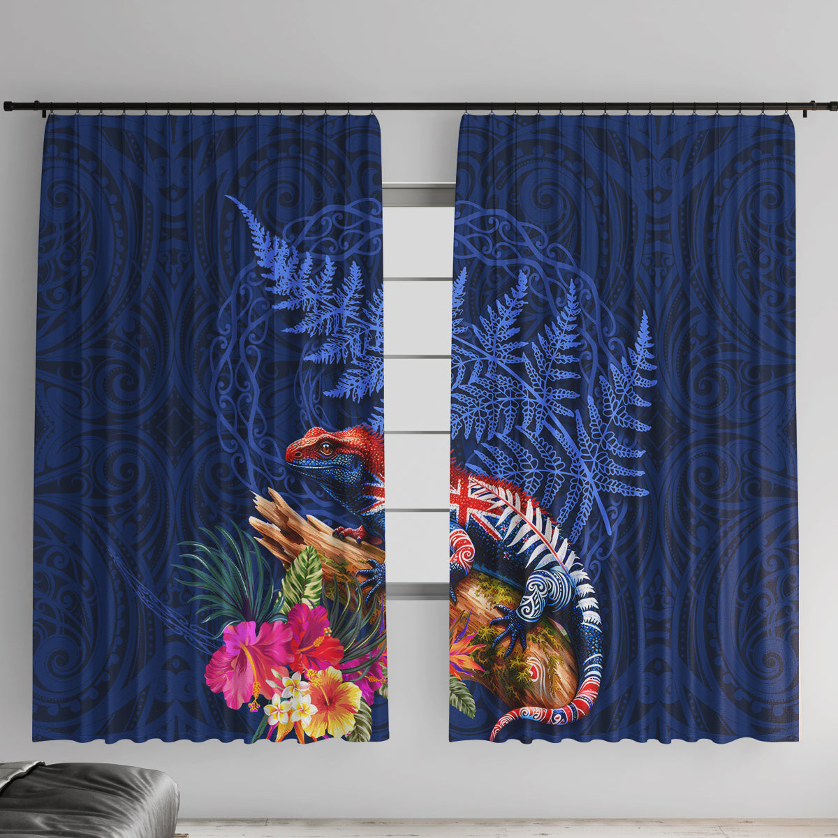New Zealand Tuatara Window Curtain Silver Fern Hibiscus and Tribal Maori Pattern Blue Color LT03 With Hooks Blue - Polynesian Pride