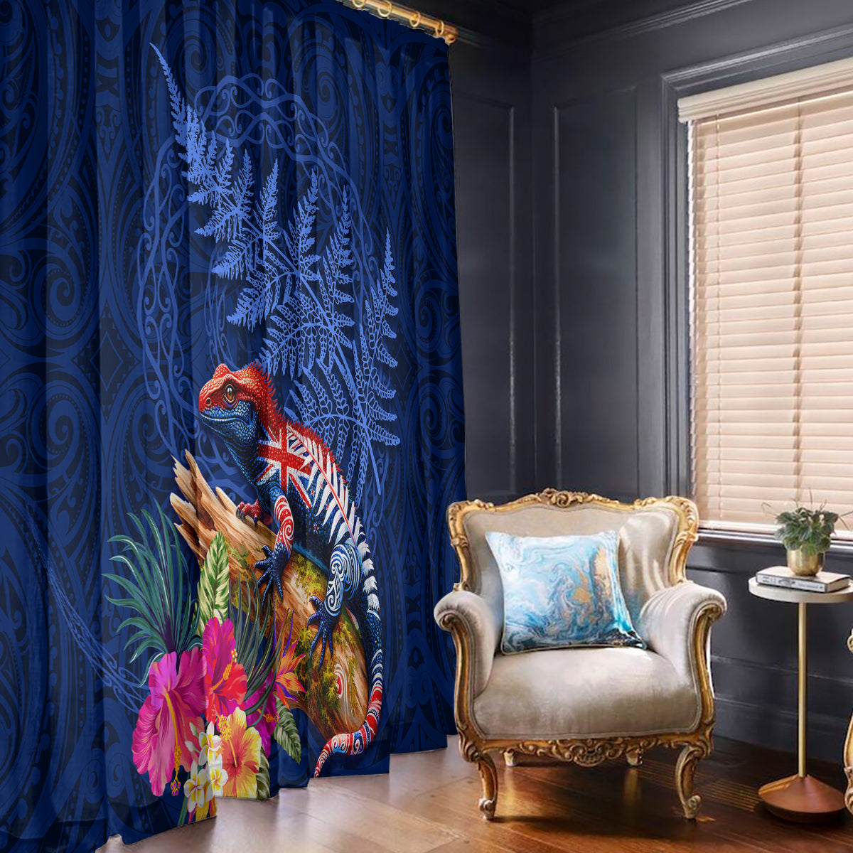 New Zealand Tuatara Window Curtain Silver Fern Hibiscus and Tribal Maori Pattern Blue Color LT03 - Polynesian Pride