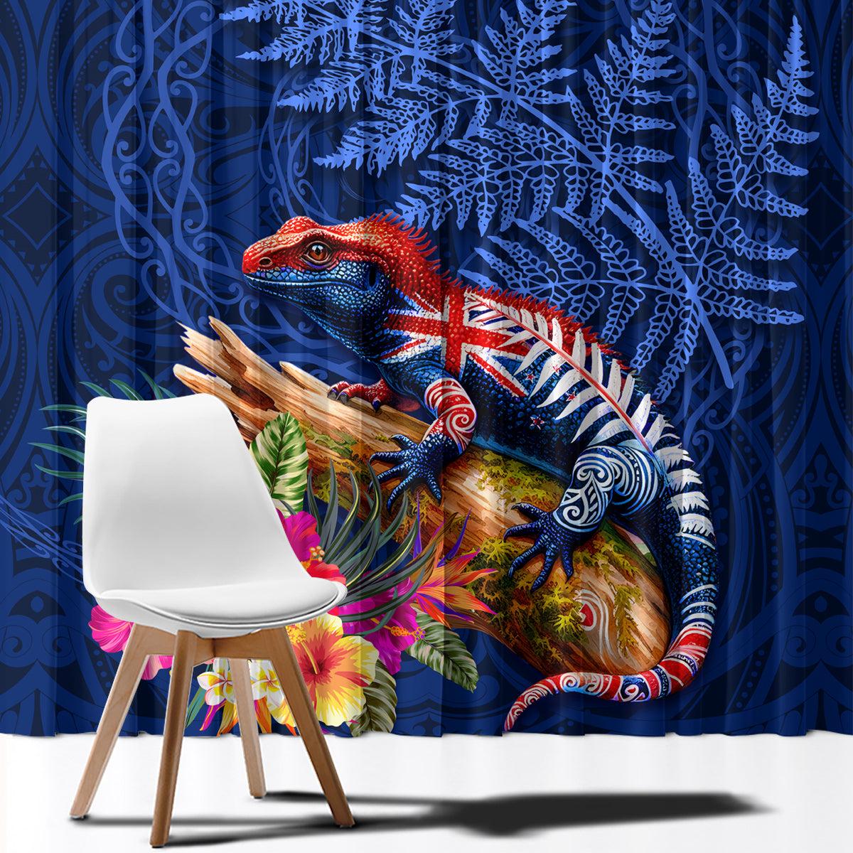 New Zealand Tuatara Window Curtain Silver Fern Hibiscus and Tribal Maori Pattern Blue Color LT03 - Polynesian Pride