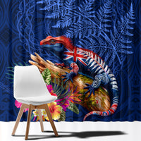 New Zealand Tuatara Window Curtain Silver Fern Hibiscus and Tribal Maori Pattern Blue Color LT03 - Polynesian Pride