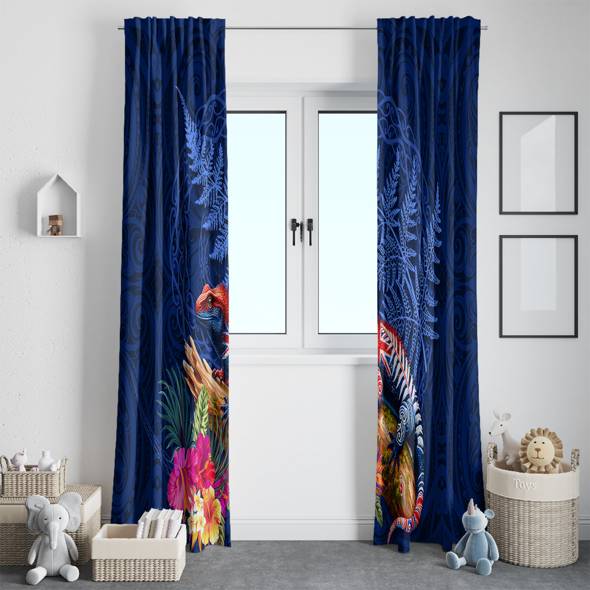New Zealand Tuatara Window Curtain Silver Fern Hibiscus and Tribal Maori Pattern Blue Color LT03 - Polynesian Pride