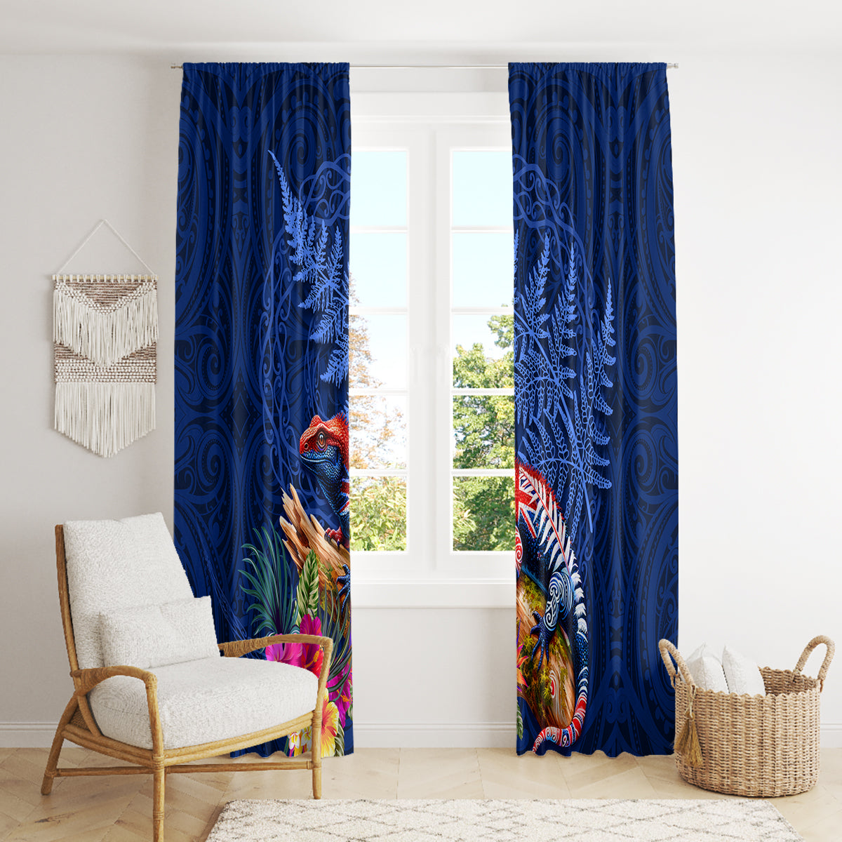 New Zealand Tuatara Window Curtain Silver Fern Hibiscus and Tribal Maori Pattern Blue Color LT03 - Polynesian Pride