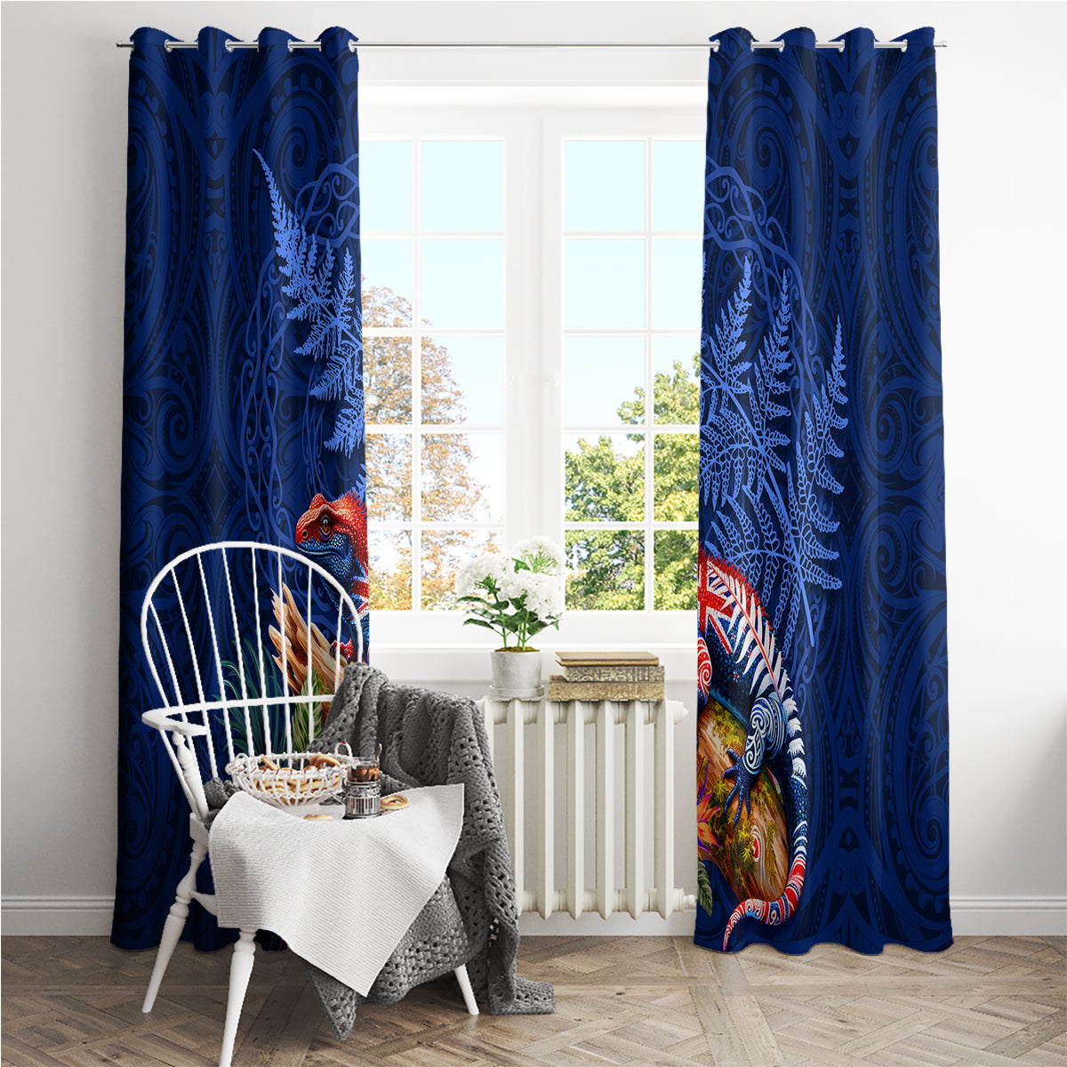 New Zealand Tuatara Window Curtain Silver Fern Hibiscus and Tribal Maori Pattern Blue Color LT03 - Polynesian Pride