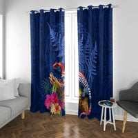 New Zealand Tuatara Window Curtain Silver Fern Hibiscus and Tribal Maori Pattern Blue Color LT03 With Grommets Blue - Polynesian Pride