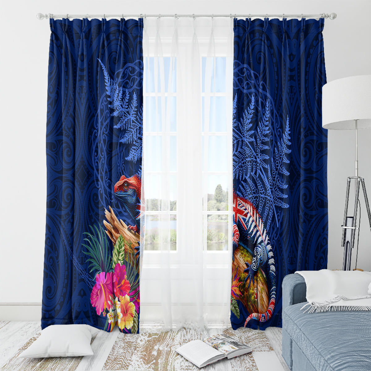New Zealand Tuatara Window Curtain Silver Fern Hibiscus and Tribal Maori Pattern Blue Color LT03 - Polynesian Pride