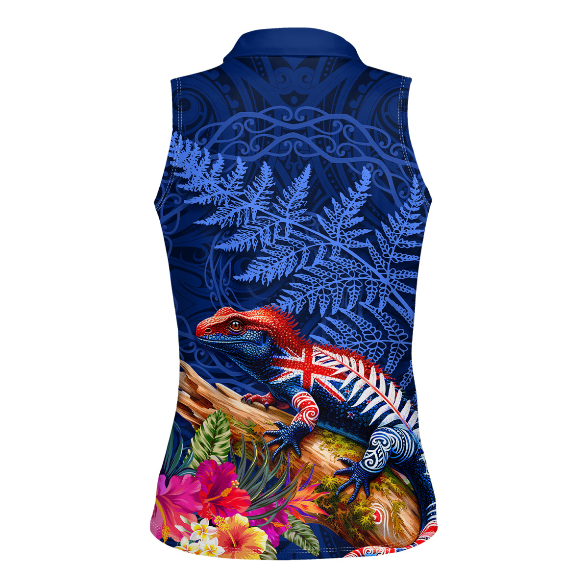 New Zealand Tuatara Women Sleeveless Polo Shirt Silver Fern Hibiscus and Tribal Maori Pattern Blue Color LT03 - Polynesian Pride