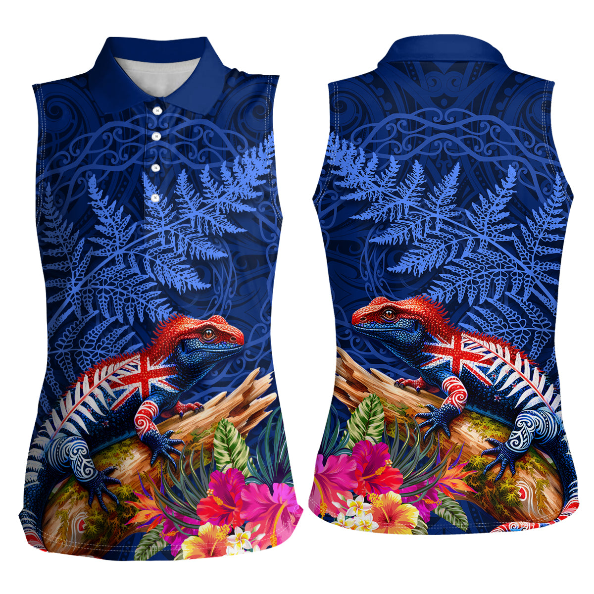 New Zealand Tuatara Women Sleeveless Polo Shirt Silver Fern Hibiscus and Tribal Maori Pattern Blue Color LT03 - Polynesian Pride