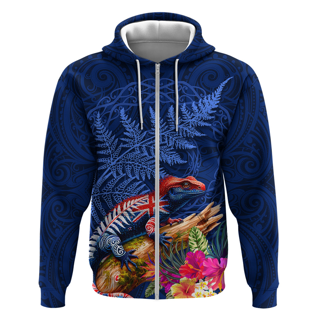 New Zealand Tuatara Zip Hoodie Silver Fern Hibiscus and Tribal Maori Pattern Blue Color LT03 Zip Hoodie Blue - Polynesian Pride