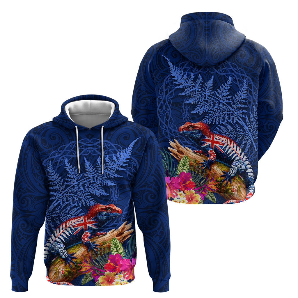 New Zealand Tuatara Zip Hoodie Silver Fern Hibiscus and Tribal Maori Pattern Blue Color LT03 - Polynesian Pride