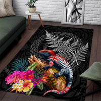 New Zealand Tuatara Area Rug Silver Fern Hibiscus and Tribal Maori Pattern Black Color LT03 Black - Polynesian Pride