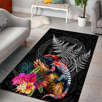 New Zealand Tuatara Area Rug Silver Fern Hibiscus and Tribal Maori Pattern Black Color LT03 - Polynesian Pride