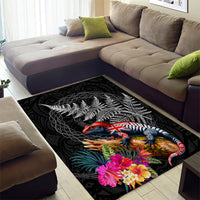 New Zealand Tuatara Area Rug Silver Fern Hibiscus and Tribal Maori Pattern Black Color LT03 - Polynesian Pride