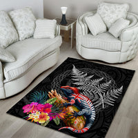 New Zealand Tuatara Area Rug Silver Fern Hibiscus and Tribal Maori Pattern Black Color LT03 - Polynesian Pride