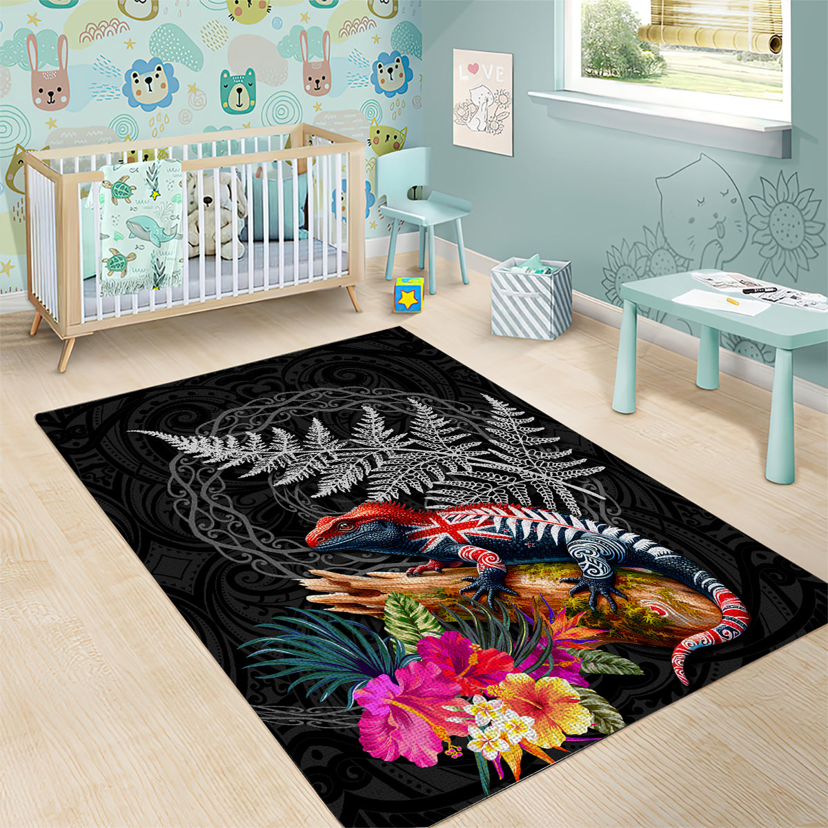 New Zealand Tuatara Area Rug Silver Fern Hibiscus and Tribal Maori Pattern Black Color LT03 - Polynesian Pride