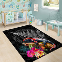New Zealand Tuatara Area Rug Silver Fern Hibiscus and Tribal Maori Pattern Black Color LT03 - Polynesian Pride