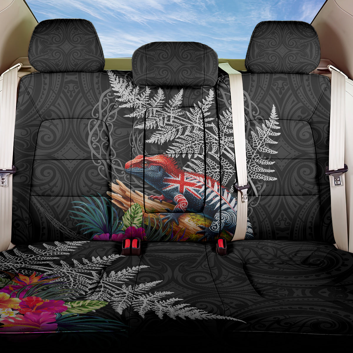 New Zealand Tuatara Back Car Seat Cover Silver Fern Hibiscus and Tribal Maori Pattern Black Color LT03 One Size Black - Polynesian Pride