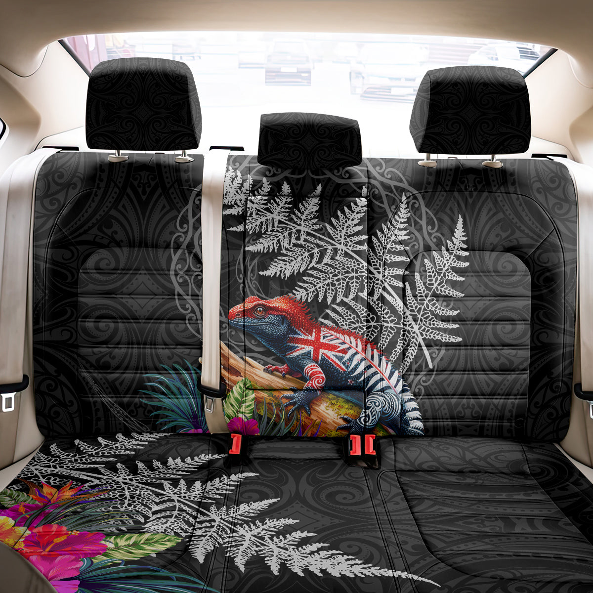 New Zealand Tuatara Back Car Seat Cover Silver Fern Hibiscus and Tribal Maori Pattern Black Color LT03 - Polynesian Pride