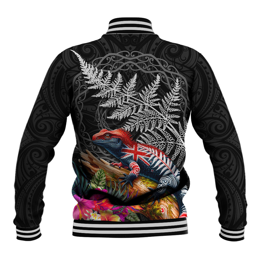 New Zealand Tuatara Baseball Jacket Silver Fern Hibiscus and Tribal Maori Pattern Black Color LT03 - Polynesian Pride