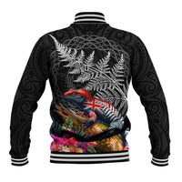 New Zealand Tuatara Baseball Jacket Silver Fern Hibiscus and Tribal Maori Pattern Black Color LT03 - Polynesian Pride