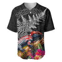 New Zealand Tuatara Baseball Jersey Silver Fern Hibiscus and Tribal Maori Pattern Black Color LT03 Black - Polynesian Pride