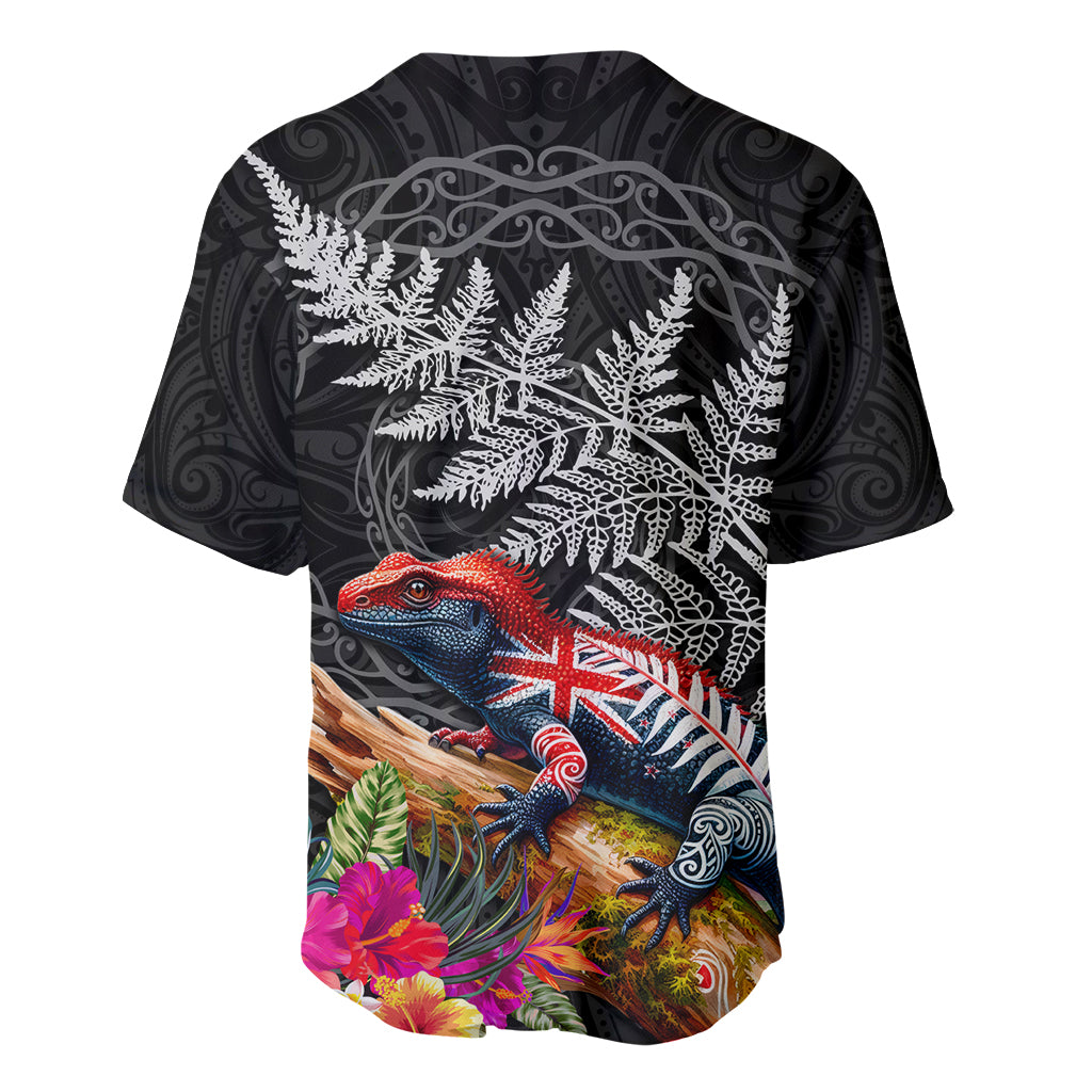New Zealand Tuatara Baseball Jersey Silver Fern Hibiscus and Tribal Maori Pattern Black Color LT03 - Polynesian Pride