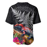 New Zealand Tuatara Baseball Jersey Silver Fern Hibiscus and Tribal Maori Pattern Black Color LT03 - Polynesian Pride