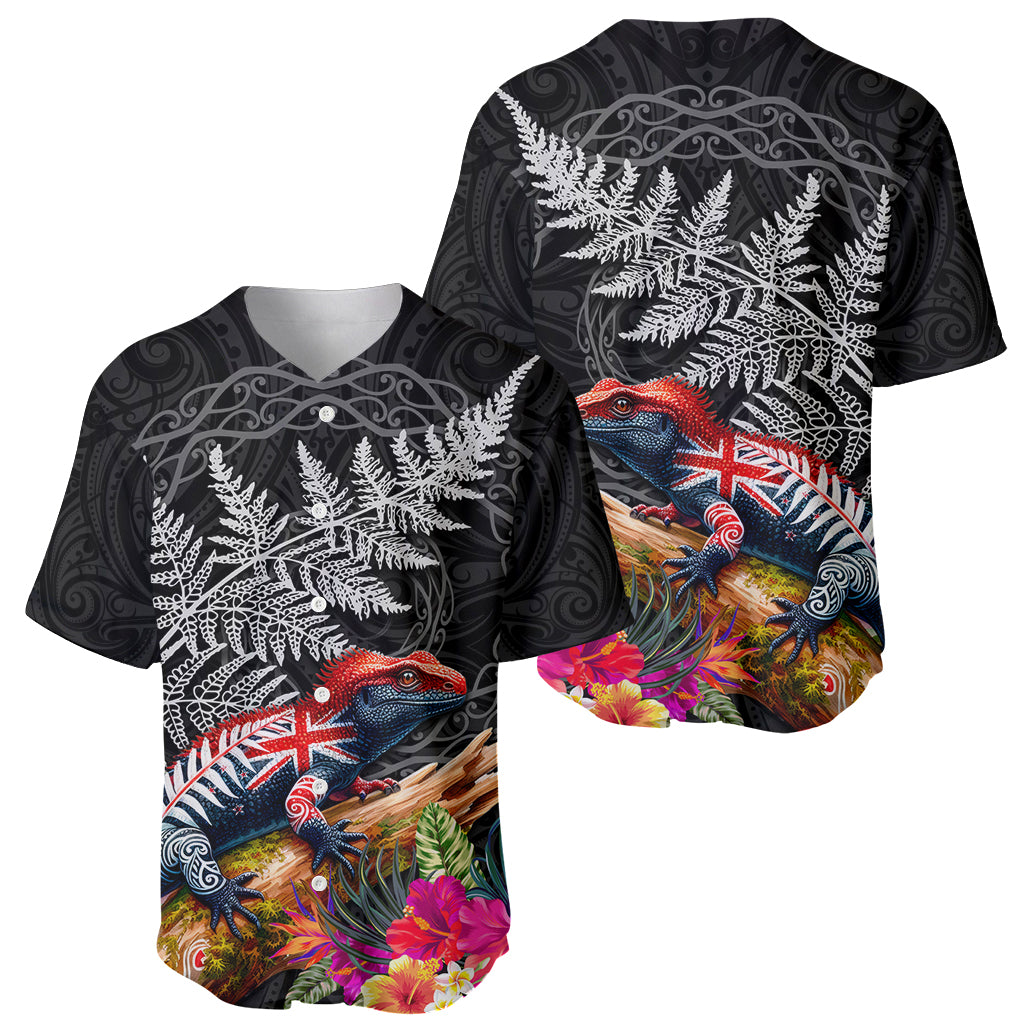 New Zealand Tuatara Baseball Jersey Silver Fern Hibiscus and Tribal Maori Pattern Black Color LT03 - Polynesian Pride