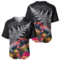 New Zealand Tuatara Baseball Jersey Silver Fern Hibiscus and Tribal Maori Pattern Black Color LT03 - Polynesian Pride