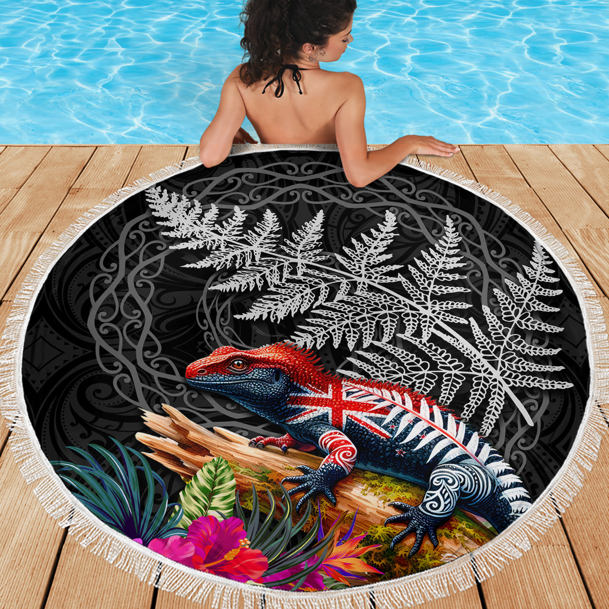 New Zealand Tuatara Beach Blanket Silver Fern Hibiscus and Tribal Maori Pattern Black Color LT03 - Polynesian Pride