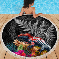 New Zealand Tuatara Beach Blanket Silver Fern Hibiscus and Tribal Maori Pattern Black Color LT03 - Polynesian Pride