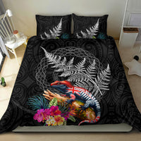 New Zealand Tuatara Bedding Set Silver Fern Hibiscus and Tribal Maori Pattern Black Color
