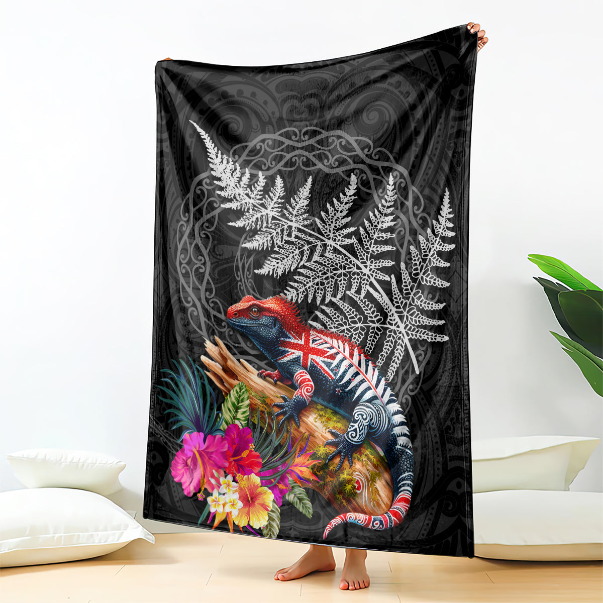 New Zealand Tuatara Blanket Silver Fern Hibiscus and Tribal Maori Pattern Black Color LT03 - Polynesian Pride