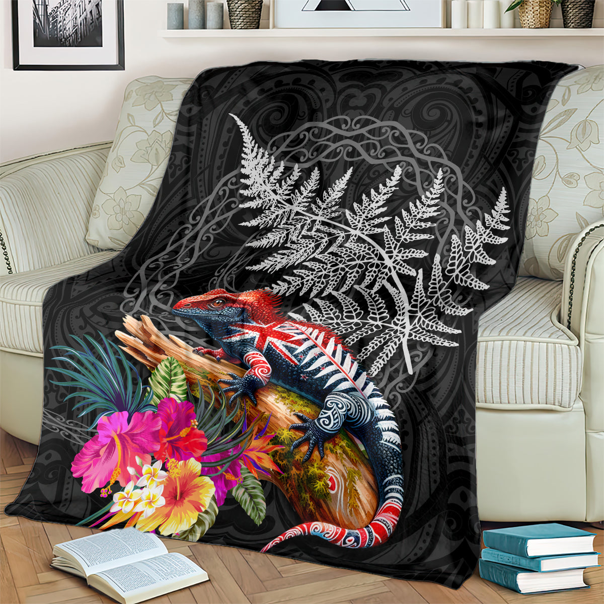 New Zealand Tuatara Blanket Silver Fern Hibiscus and Tribal Maori Pattern Black Color LT03 - Polynesian Pride