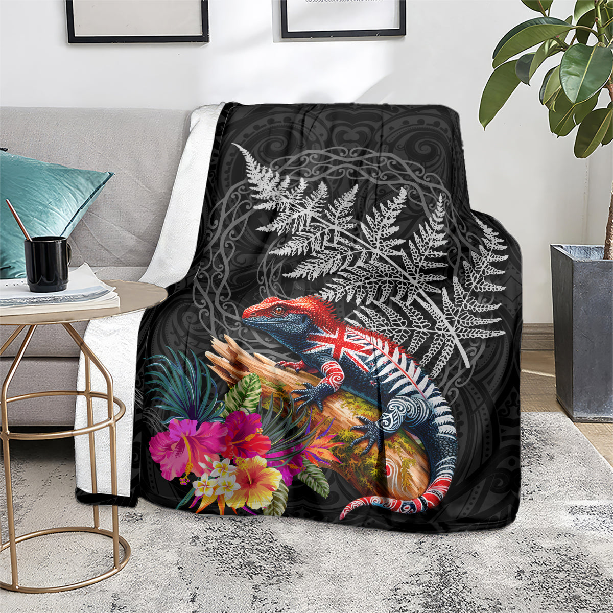 New Zealand Tuatara Blanket Silver Fern Hibiscus and Tribal Maori Pattern Black Color LT03 - Polynesian Pride